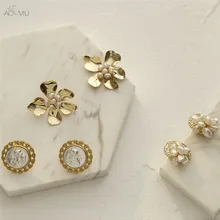 AOMU барокко Винтаж Металл преувеличенные цветок жемчуг портрет круглые серьги гвоздики для подарки на день рождения вечерние свадебные ювелирные изделия