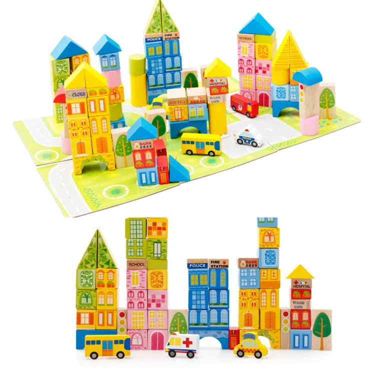 

MWZ 100 Tablets Barrel City Traffic Scene Building Blocks Wooden Educational ENLIGHTEN Children Large Pieces Wooden Toy
