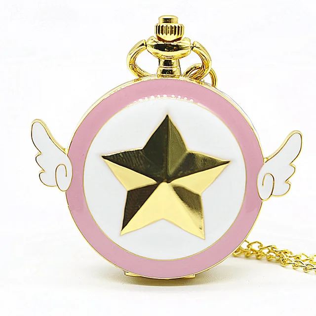 NEW-Gold-Tone-Cartoon-Anime-Cardcaptor-Sakura-Star-Wing-Quartz-Pocket-Watch-with-Fob-Chain-for