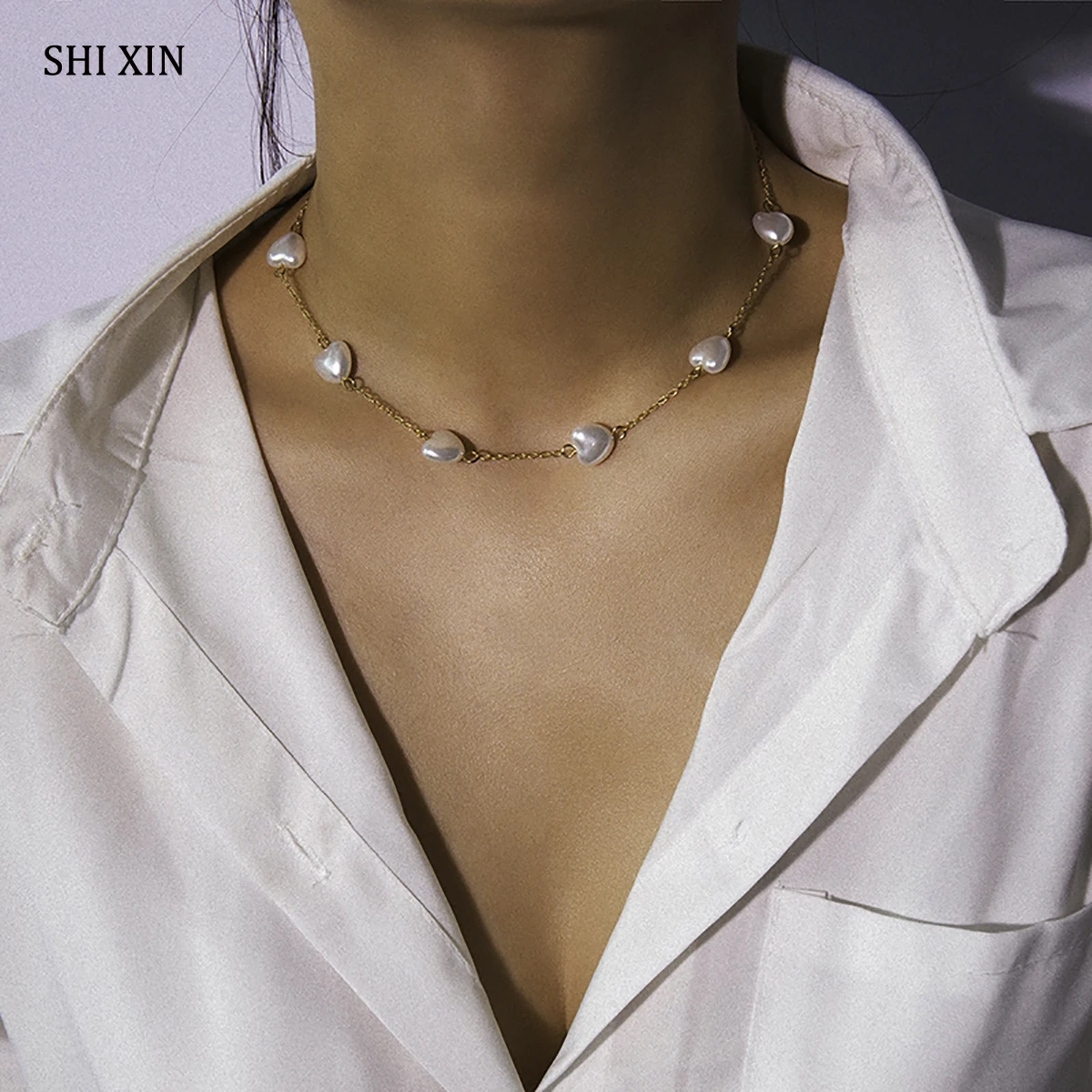 Простая цепочка SHIXIN жемчужные ожерелья для женщин короткое ожерелье чокер в
