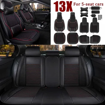 

5-Seat Auto Car Seat Cushion Seat Cover Set+Front Rear Head Rests Full Set Protector PU Leather Universal All Season