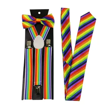 

Men Women 3 Piece Rainbow Striped Costume Set Adjustable Y-Back Elastic Suspenders Bow Tie Necktie Classic Cosplay Party Accesso