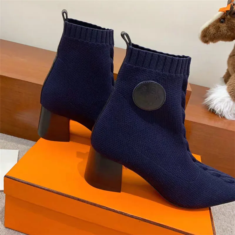 

Stretch Fabric Sock Boots 2019 Pointed Toe Ankle Boot Fashion Runway Square Heels Shoes Chic Designer Zapatos De Mujer Boots