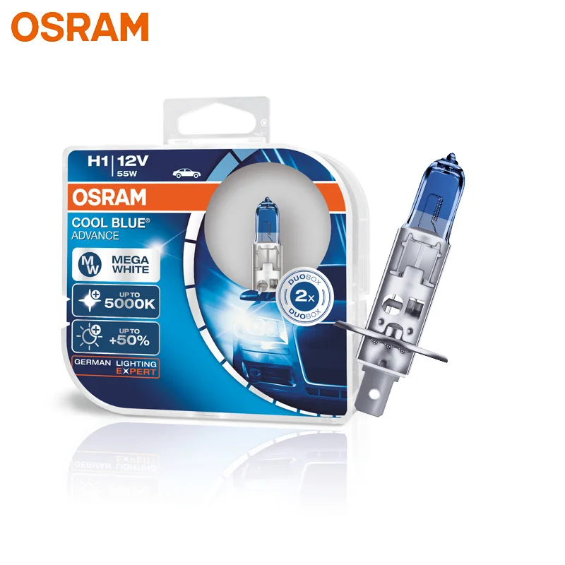 

OSRAM H1 62150CBA Halogen Cool Blue Advance 12V 55W Car Original Headlight 5000K White Light +50% Brighter, Pair