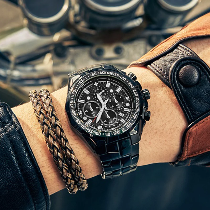 WWOOR Top Brand Luxury Sport Watch For Men Quartz Chronograph Date Luminous Black Full Steel Wrist Watch Male Clock Reloj Hombre