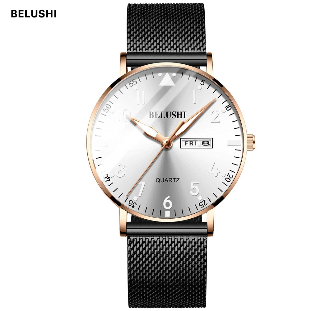 

Belushi watch men Date week Quartz Fashion Business man watch 2019 black steel mesh belt waterproof Male Wristwatches reloj ho