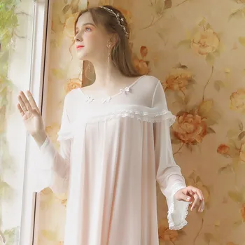 

Long Sleeve Nightgown Female Spring Viscose Modal Long Palace Style Sweet Princess Loose and Plus-sized Tracksuit Autumn