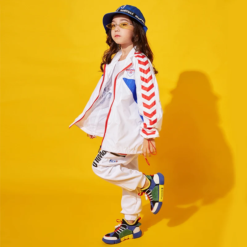 Vestido/Детский костюм в стиле хип-хоп белый костюм для девочек топ+ штаны, танцевальная одежда, костюм Джаз, школьная сцена, Ropa, хип-хоп, для детей, BL1953