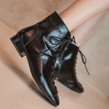 

Cow leather Chunky low Heels Motorcycle Boots autumn winter Western Boots Party Basic Shoes Woman Cross Tied Women Ankle Boots
