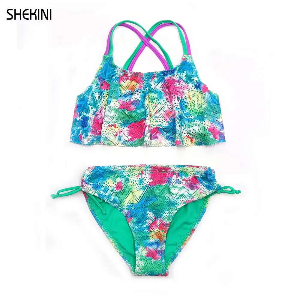 Girl's Ruffles Flounce Print Crochet Teenage Girls Bikini Tie Side Bottom Hollow Back Crisscross Two Piece Swimsuits Beachwear