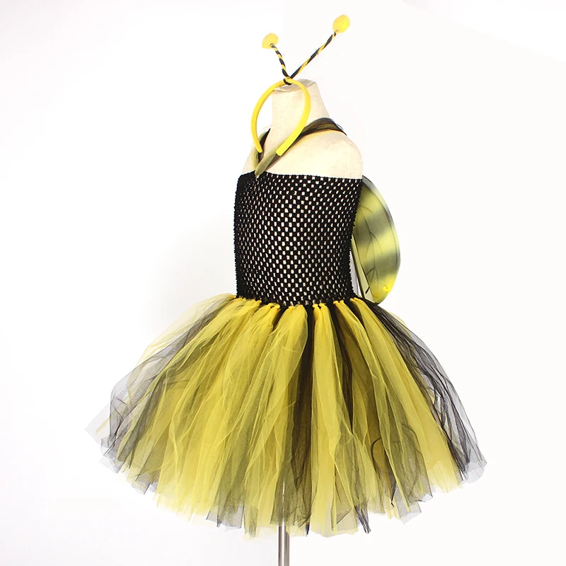 Children Bumble Bee Costume Set Girls Tutu Wings & Headband Yellow Black Kids Fancy Dress Halloween Dress Up Party Clothes (9)