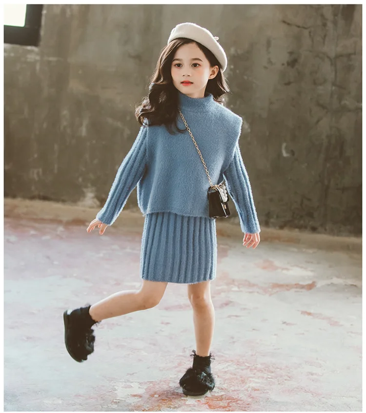 Girls Clothing set Winter Faux-wool Thick Warm Knitted Vest Dress Suit Children Costume Kids Tracksuit 8 10 Years Girls Clothes