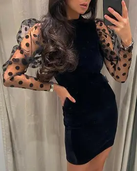 

Women Spring Fall Mesh Puff Long Sleeve Ribbed Knitted Dress Slim Casual Polka Dots Bodycon Dress Elegant Clubwear Party Clothes