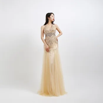 شراءBeauty-Emily A-line فساتين سهرة فاخرة طويلة مطرز بالخرز دانتيل معلق رقبة عالية فساتين حفلات فستان حفلات مفتوح الظهر 2020 جديد