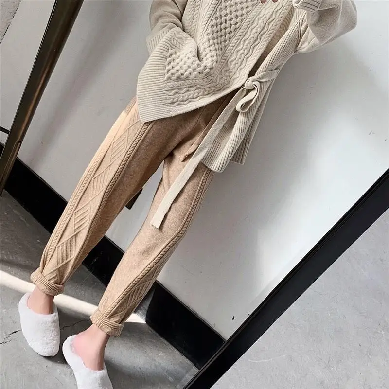 

Women Winter Thick Knitted Pants Twisted High Waist Harem Pants Solid Loose Drawstring Elastic Waist Trousers