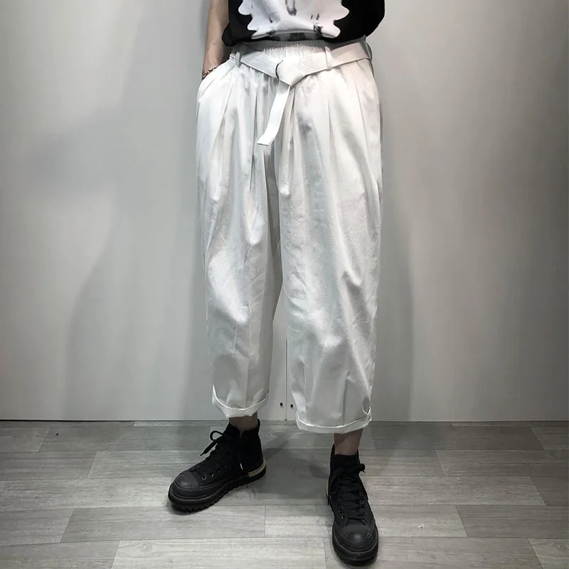 

Summer thin trendy men's pure white loose and slightly broken straight belt Capris Harajuku simple wide leg Harlan pants