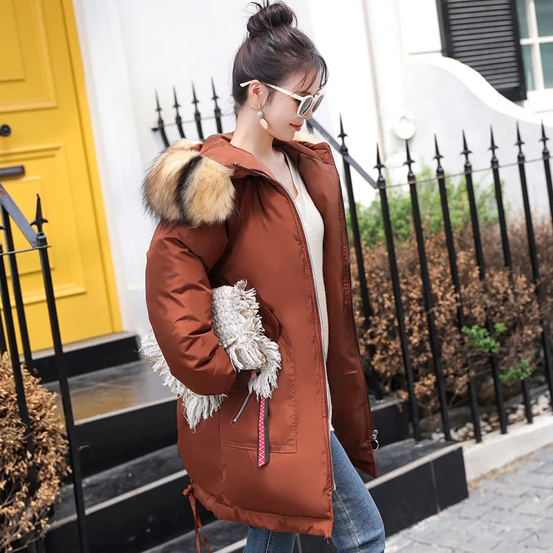 

2019 Winter Coat South Korea New Style Loose-Fit Mid-length Cotton-padded Clothes Women's Korean-style Hooded Thick down Coat Co