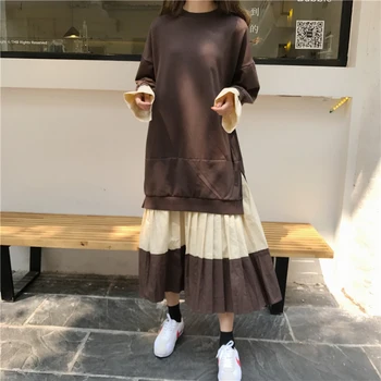 

Girls Sweatshirts 2020 Summer Patchwork Sweatshirts Dress Women Long Sleeve Flare Sleeve Pleated Dress Loose Casual Vestidoos