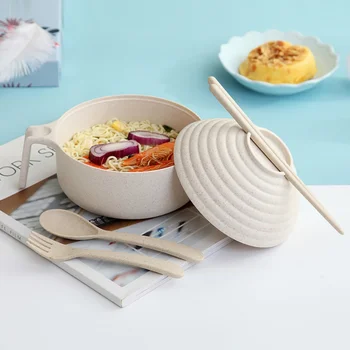 

1000ml Noodle Bowl With Lid Handle Stainless Steel Plastic Leak-Proof Food Container Rice Soup Bowl Wheat Straw Lunch Box M