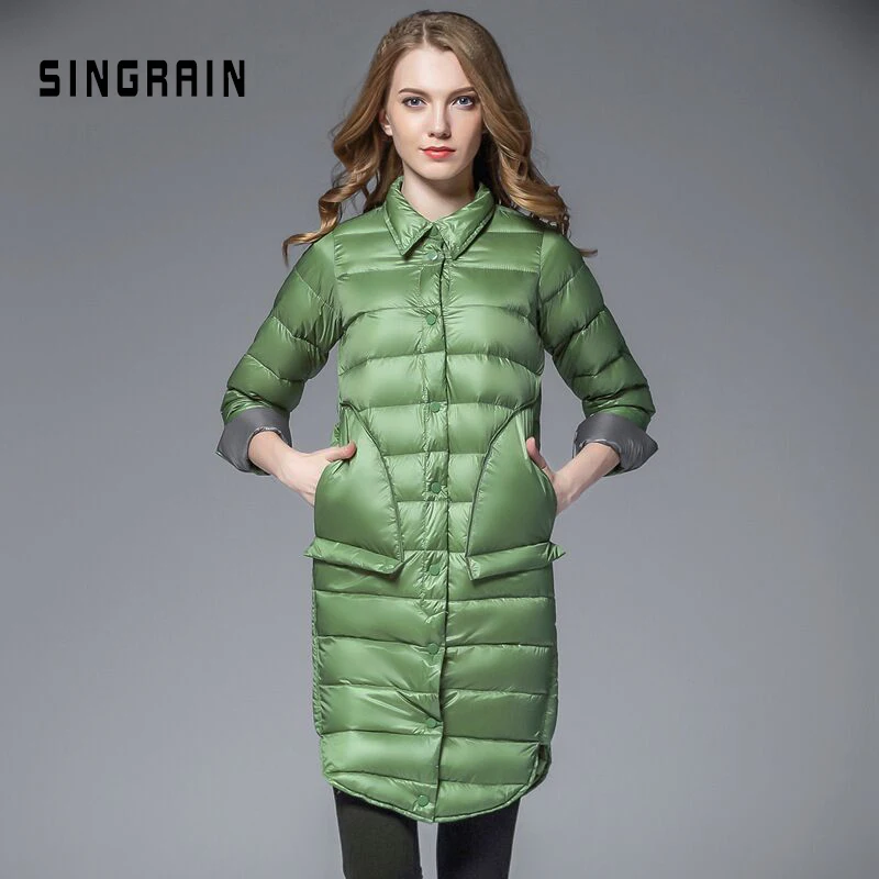 SINGRAIN, женское плотное пуховое пальто с воротником, зимняя уличная одежда, большие размеры, модные корейские длинные пуховики, зимние куртки