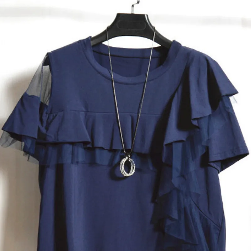 Neploe, женские футболки с неровными оборками, летние,, повседневные, с круглым вырезом, с коротким рукавом, из кусков, футболки, свободные, корейские, женские топы 43847 - Цвет: blue