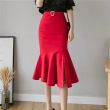 Черный, красный Нерегулярные рыбий хвост юбки женщин посылка бедра длинные юбки карандаш