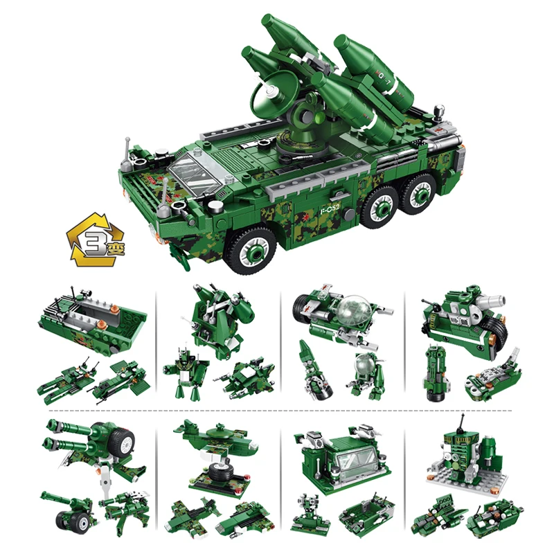 

633023 681pcs Army Ww2 Field Missile Vehicle 8 In 1 Weapon Gun Tank Model Brick Panlops Technology Children's Toys