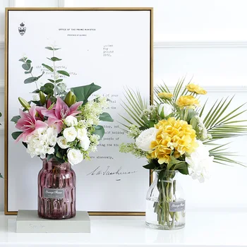 

Simulation bouquet small rose hydrangea mix green plant decoration potted indoor living room fresh atmosphere glass vase