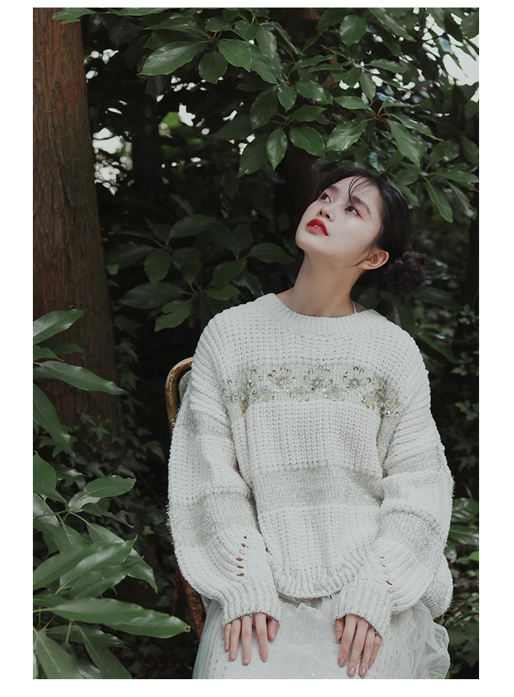Fall2019Women осень Повседневное Ультра свободные Modis ленивый Стиль больших размеров с блестящим серебряным корпусом, ручная работа, пуловер, украшенный бисером Короткие трикотажные свитера