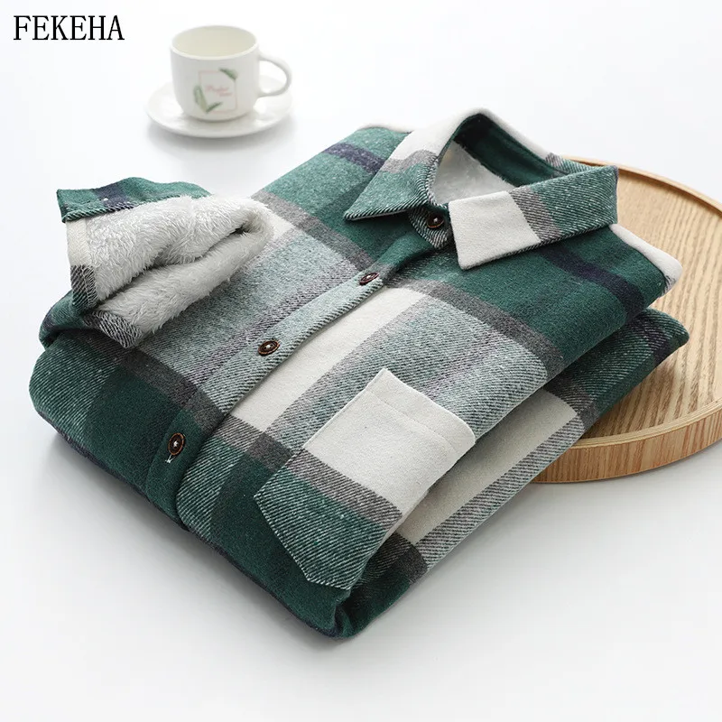 

Winter Women Thick Woolen Plaid Shirts Jacket Velvet Keep Warm Blouses Long Sleeve Lady Tops Loose Female Clothing Outwear Coat