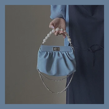 

Pearl Chain Cloud Small Bag Female 2020 Summer New Soft Leather Fold Shoulder Crossbody Underarm Bag Women Purse and Handbags