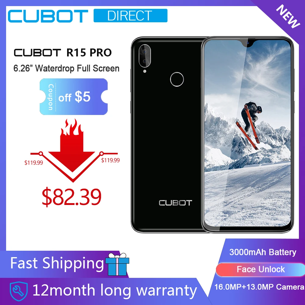 

Cubot R15 Pro Smartphone 6.26" Waterdrop Full Screen 3GB+32GB Android 9.0 Pie Dual Camera 16MP Face ID Cellura 4G LTE 3000mAh