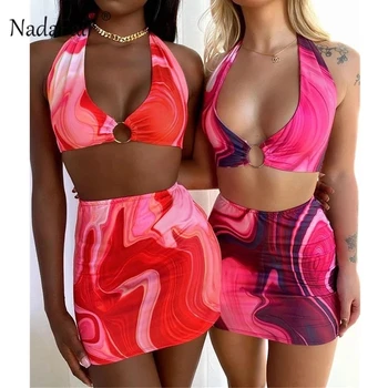 Nadafair Tie Dye Printed Mini Bodycon Dress Festival Outfits Party Club For Women Backless Halter