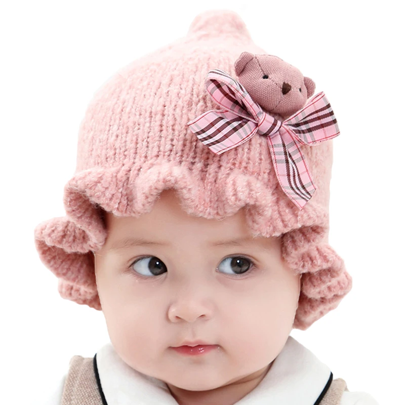 Pink Hylidge/зимняя шапка в Корейском стиле для девочек, мягкая шапка принцессы с оборками, шапка для девочки, зимняя вязаная шапка унисекс с милым бантом, шапочка "межвежонок" - Цвет: Pink