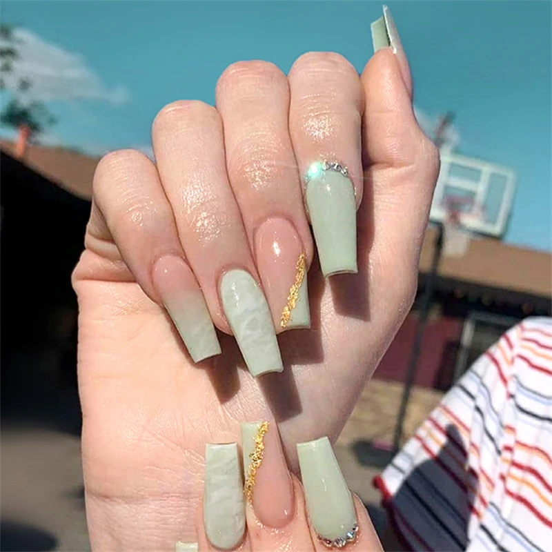 Juego de uñas postizas W025, puntas de uñas postizas de color verde ombré,  con diseños para pegar en Flase|Uñas postizas| - AliExpress