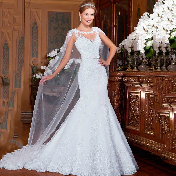 

Sexy Mermaid Wedding Dress 2019 Belt Lace Embroidery Bridal Gown With Detachable Cape Vintage Vestido De Noiva