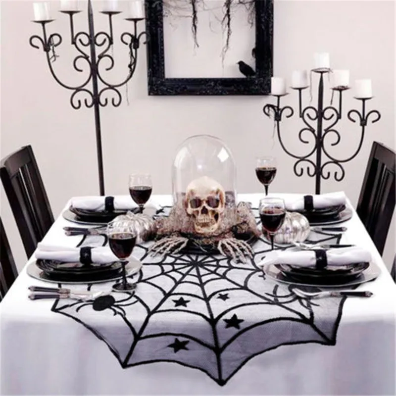 

1PC Halloween Party Decor Cloth Black Spider Bat Net Lace Table Lamp Fireplace Scarf Black Valance Curtain for Window Door Decor