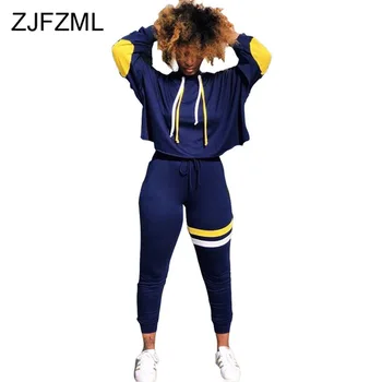 

Contrast Color Spliced Two Piece Tracksuit Women Stand Collar Long Sleeve Hoodie And Pencil Pant Sweatsuits Casual Matching Set