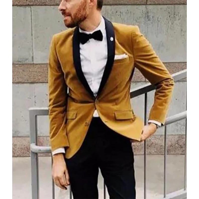 Velvet Groom Tuxedos Yellow Men Wedding 