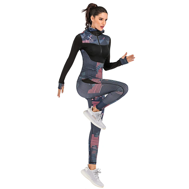 Женский комплект для йоги с принтом, эластичная Спортивная одежда для спортзала на открытом воздухе, одежда для фитнеса, спортивный топ с длинными рукавами, бюстгальтер, леггинсы, спортивный костюм