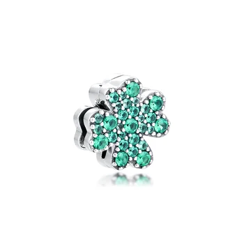 

Green Clip Charm Silver 925 Sterling Pave Four Leaf Clover Beads for jewelry Making fit Reflexions Bracelet DIY free shipping