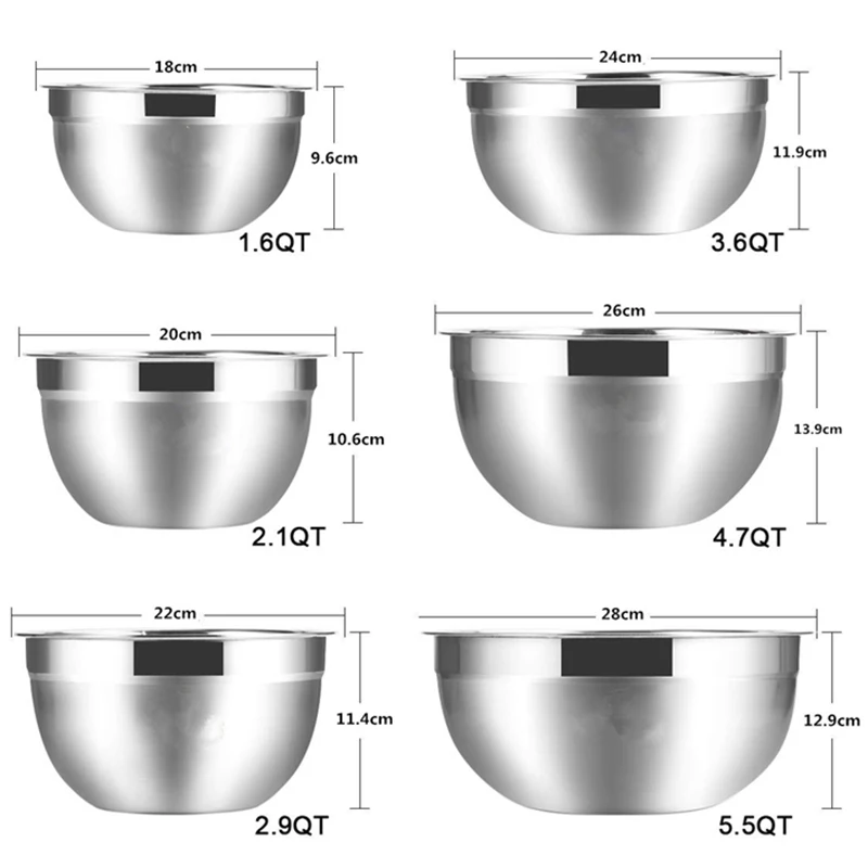 

TOP!-Stainless Steel Mixing Bowl (Set Of 6) Non Slip Fruit Salad Bowl Storage Bowl Set For Salad Cooking Baking