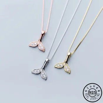 

925 Sterling Silver Mermaid Fishtail Pendant with Zircon Stone Statement Rose Gold Color Plated Chain Party Necklaces for Women