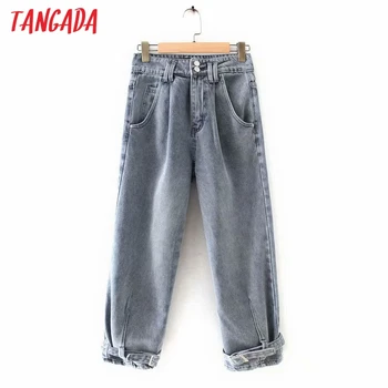 

Tangada 2020 fashion women high waist jeans pants with leg belt long trousers pockets zipper female pants 2X2