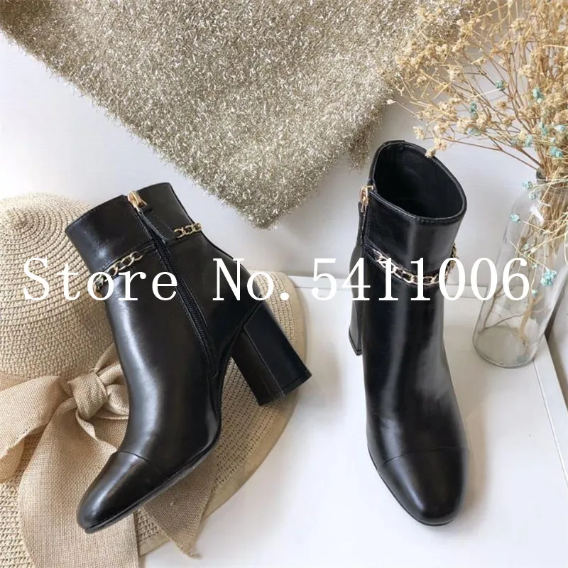 Роскошные женские ботинки; коллекция года; зимняя модная обувь; фирменные дизайнерские женские обуви на молнии; женские дизайнерские ботинки на высоком каблуке с цепочкой