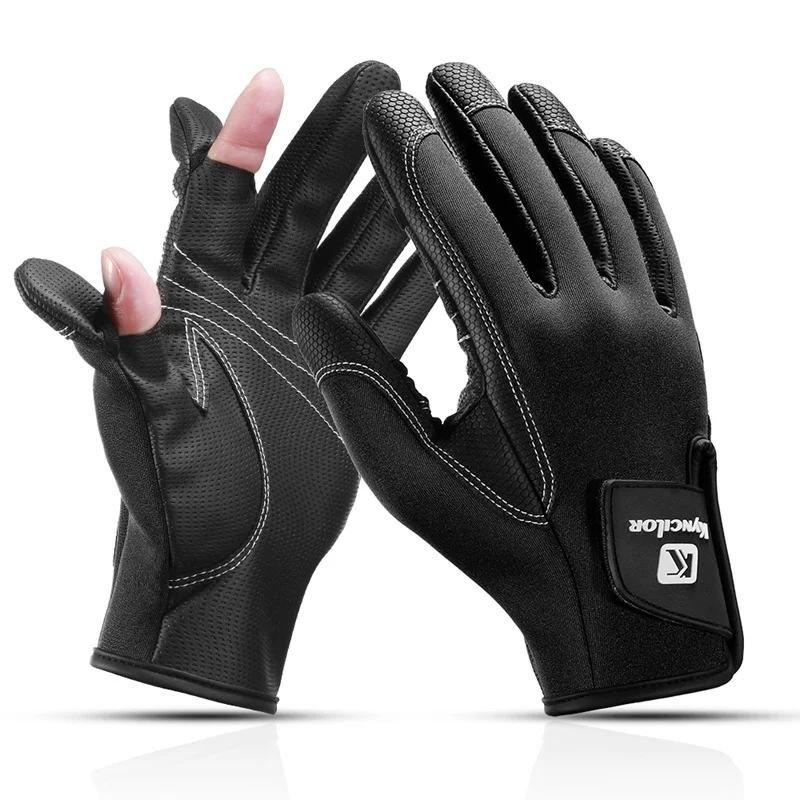 Зимние перчатки для рыбалки для мужчин и женщин, 2 вырезанных полупальца, гибкие противоскользящие водонепроницаемые перчатки для охоты и велоспорта - Цвет: Черный