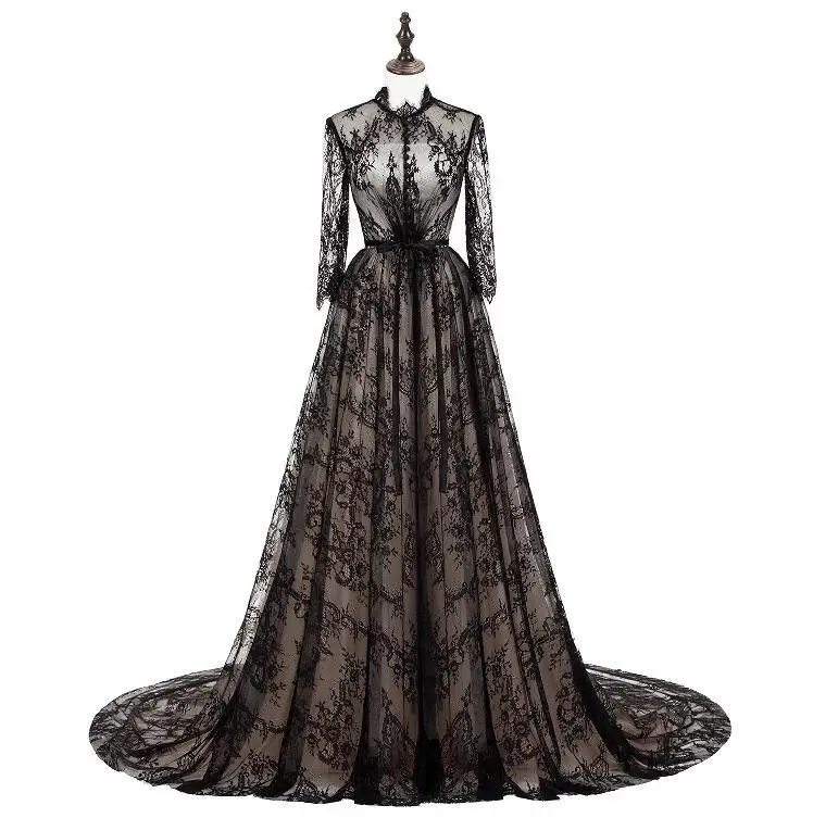 

Sexy Black Sheer Neck Lace Prom Dresses Long Jewel Illusion Long Sleeves Evening Dress Count Train Celebrity Party Gowns