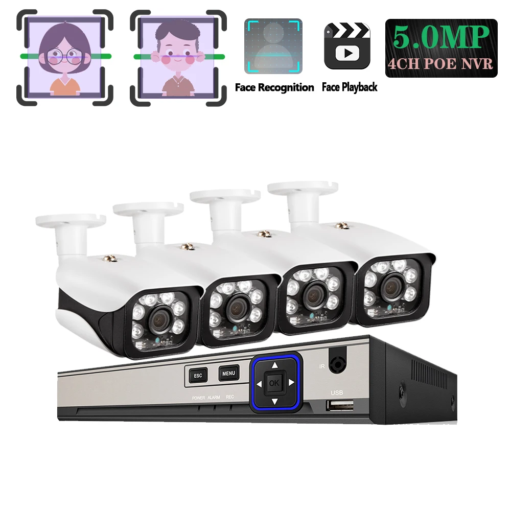 Комплект видеонаблюдения H.265 + 4CH 5MP POE Hi3516E300 NVR с записью лиц и воспроизведением