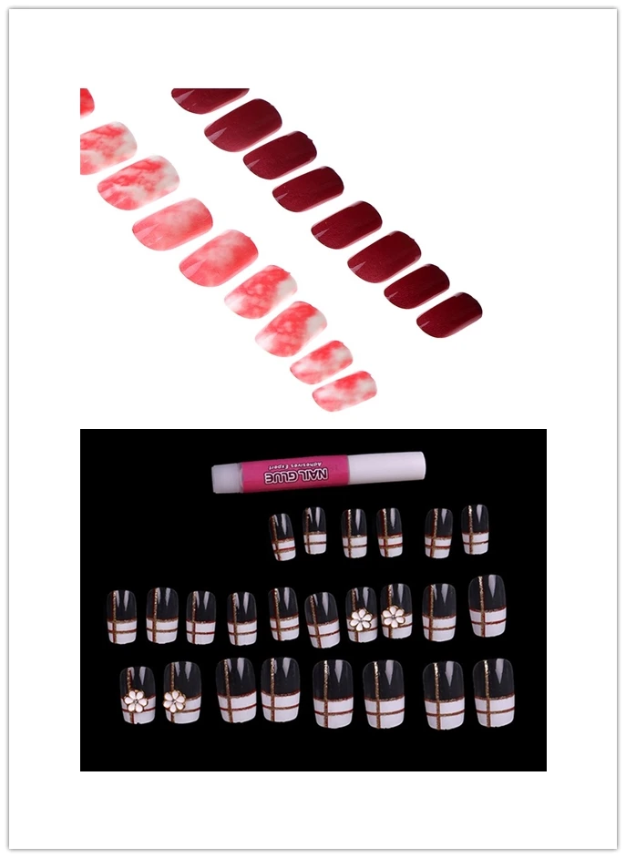 

New Fake Nails Lattice Grid Design flower Artificial French False Nails Tips Press on Nails with Glue