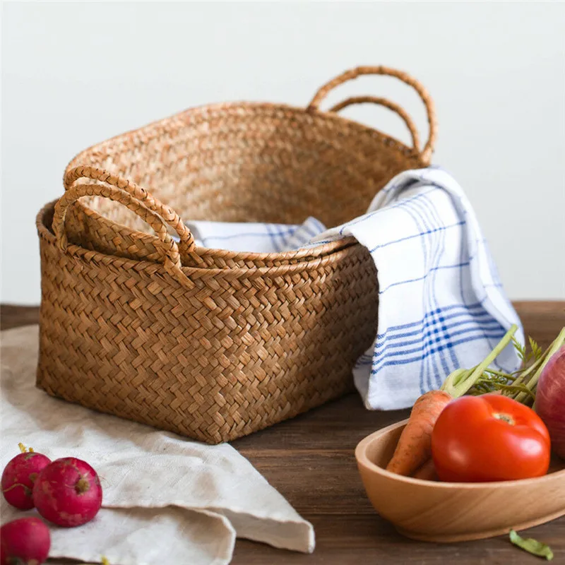 

Large Woven Storage Basket Kitchen Straw Food Container Makeup Organizer Rattan Bread Fruit Case Holder Seagrass Wicker Basket